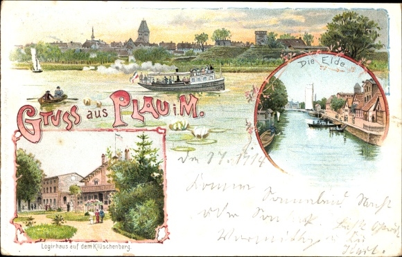 Chromo-Litho Plau in Mecklenburg, lodging house on the Klüschenberg, the Elde