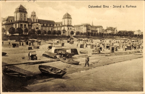 Postcard Seebad Binz on Rügen, Baltic Sea resort beach and spa, boats, beach chairs, people