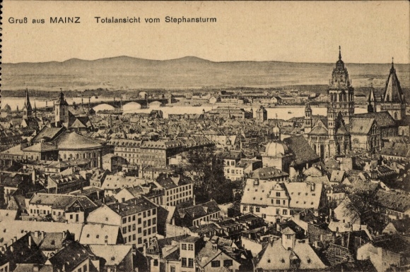 Postcard Mainz am Rhein, greeting from total view from the Stephansturm, city view,
