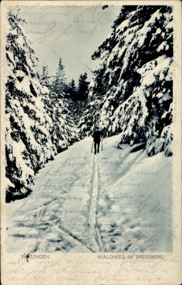 Postcard Willingen in the Upland Hochsauerland Waldeck Hesse, forest path in Treisberg, winter