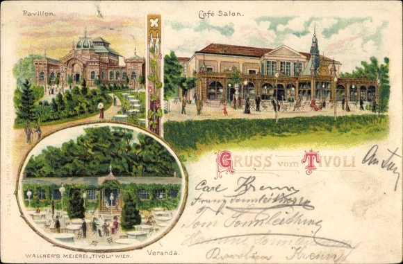 Litho Wien 12. Meidling Österreich, Wallners Meierei Tivoli, Pavillon, Cafe Salon, Veranda