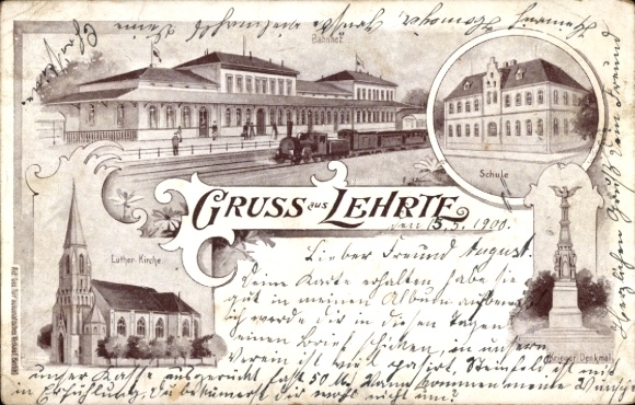 Chromo-Litho Lehrte in Lower Saxony, train station, steam locomotive, school, Luther Church, war memorial
