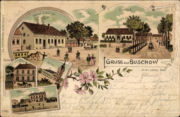 Chromo-Litho Buschow in Havelland, Inn H. Müller, manor, church, post office, train station