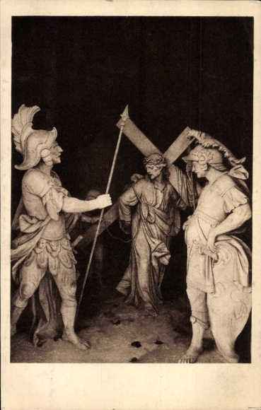 Postcard V. Station, Simon of Cyrene helps Jesus carry the cross
