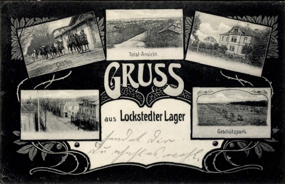 Postcard Lockstedt in Schleswig Holstein, Lockstedt camp, casino, total view, gun park