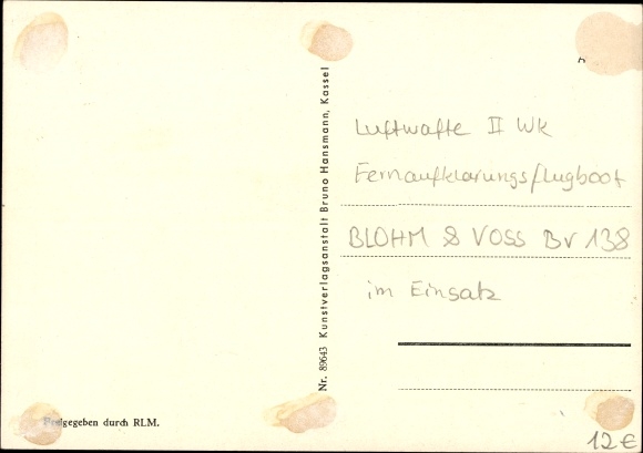 Postcard Blohm &amp; Voss BV 138 sea remote explorer, Luftwaffe, seaplane