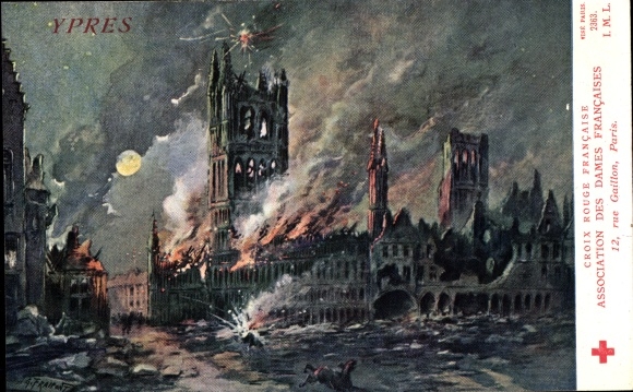 Kunstenaarskaart Ieper West-Vlaanderen, geschoten stadhuis, oorlogsvernietiging, I. WO