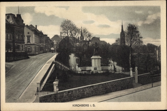 Postcard Kirchberg in Sachsen, street section, monument, church tower, stairs