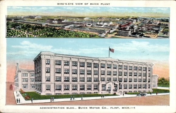 Ak Flint Michigan USA, vogelperspectief van de Buick-fabriek, administratiegebouw, Amerikaanse vlag