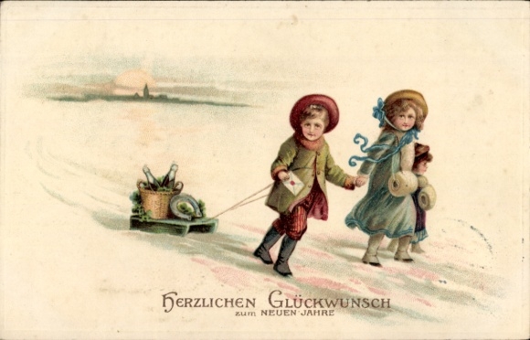 Chromo-Litho New Year, children, champagne, horseshoe