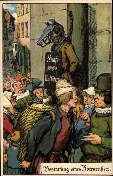 Künstler Litho Jodolfi, Bestrafung eines Zotenreißers, Hundemaske, Strafe wegen Unfläterei