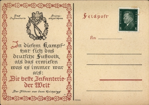 Ak In diesem Kampf hat sich das deutsche Fußvolk..., Beste Infanterie der Welt, Zitat Adolf Hitler