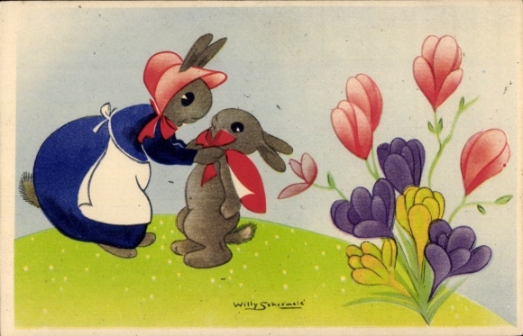Artist Postcard Schermele, Willy, Humanized rabbits, mother rabbit with child, flowers
