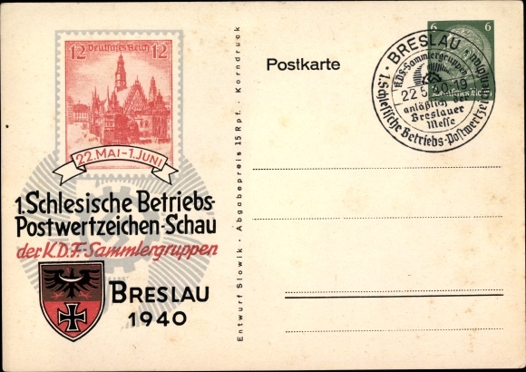 Postwaardekaart ansichtkaart 1e Silezische operationele postzegelshow Breslau 1940, PP 127 C48