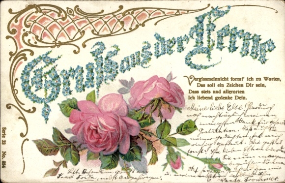 Embossed Chromo-Litho Greetings from afar, violets, roses