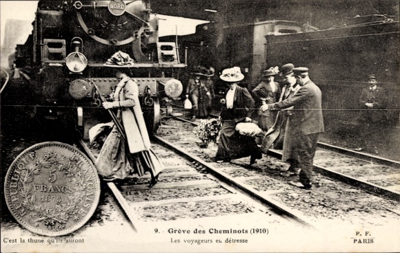 PC France, railway strike 1910, station, locomotive, passengers crossing tracks, coin