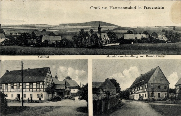 Postcard Hartmannsdorf Reichenau in the Erzgebirge, greetings from Hartmannsdorf, inn, material goods store...