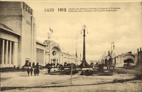 Postcard Gand Gent East Flanders, Avenue des Nations, German and French sections, Exposition 1913