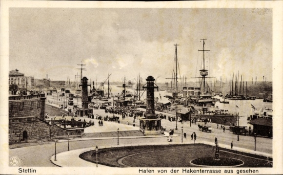 Postcard Szczecin Stettin Pomerania, harbor, Hakenterrasse