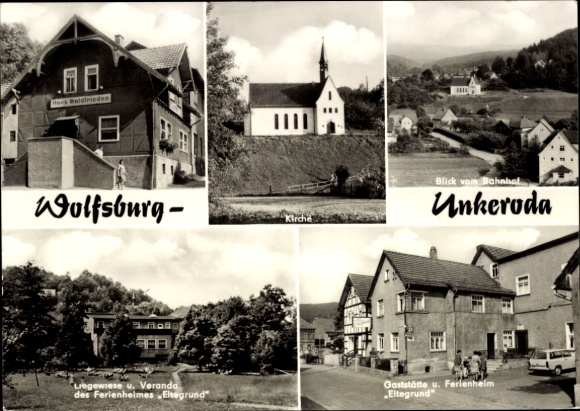 Postcard Unkerode Unkeroda Gerstungen Wartburgkreis, Wolfsburg, church, view from the train station, holiday home E
