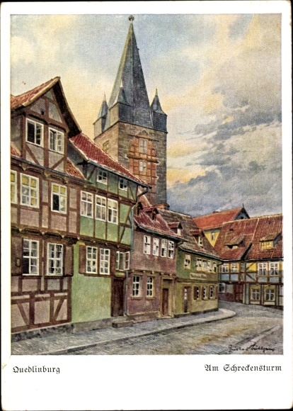 Ak Quedlinburg in het Harzgebergte, aquarel van Am Schreckensturm, vakwerkhuizen