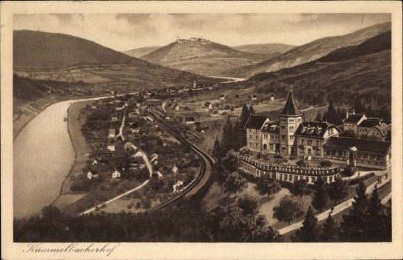 Ak Neckargemünd in Baden Württemberg, Blick auf den Kümmelbacher Hof, Gleise, Fluss, Berge