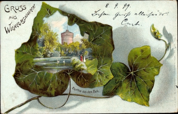 Ivy leaf Chromo-Litho Wilhelmshaven in Lower Saxony, lot from the park, tower