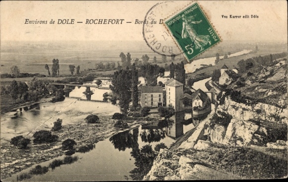 Ak Dole Jura, Landschaftsaufnahme, Fluss, Gebäude, Text in Französisch, Poststempel