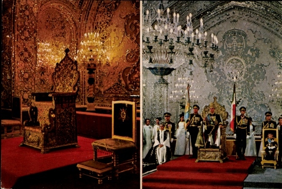 Postcard Shah Nader, coronation ceremony, throne