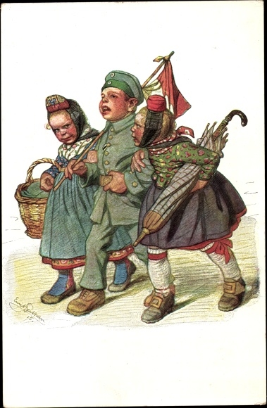 Artist PC Beithan, Emil, girl in Hessian costumes, soldier in uniform