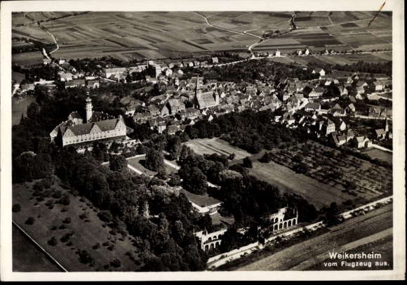 Postcard Weikersheim in Tauberfranken Württemberg, aerial view of cityscape, residential buildings, green areas