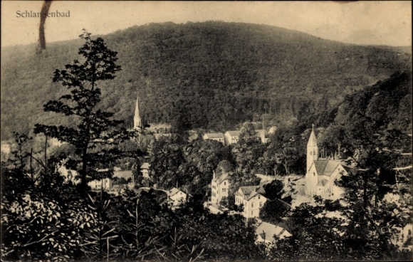 Postcard Schlangenbad in the Taunus Hessen, view of churches, landscape, trees