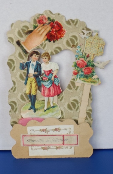 Achtergrondkaart 3D Wafer Standee Gefeliciteerd Paar Wandelende Vogelkooi Bloemen