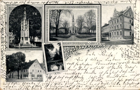 Postcard Niesky in Upper Lusatia, girls' school, war memorial, castle, guesthouse