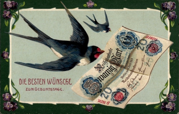 Embossed PC Happy Birthday, Swallow with Twenty Mark Reichsbanknote