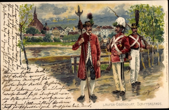 Künstler Ak Bergen, Fritz, Laufen an der Salzach Oberbayern, Oberndorf in Salzburg, Schiffergarde