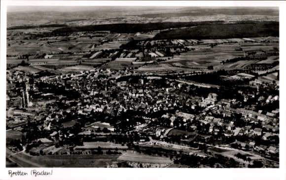 Postcard Bretten in Baden, aerial photograph of Bretten, rural surroundings, black and white