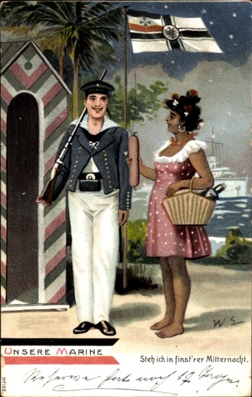 Kunstenaar litho Eckenbrecher, Keizerlijke Marine, Ik sta in de donkere middernacht, zeeman, vrouw