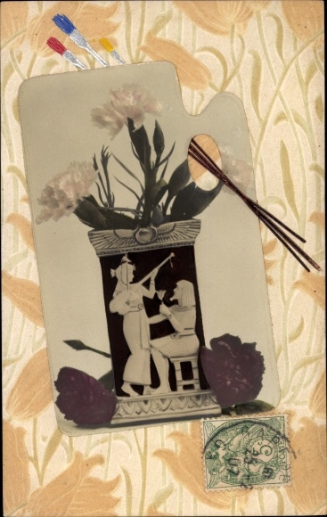 Emboss Postcard Easel and brush, flower vase with carnations
