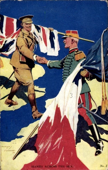 Kunstenaar Ak Hands Across The Sea, Britse en Franse officier schudden elkaar de hand