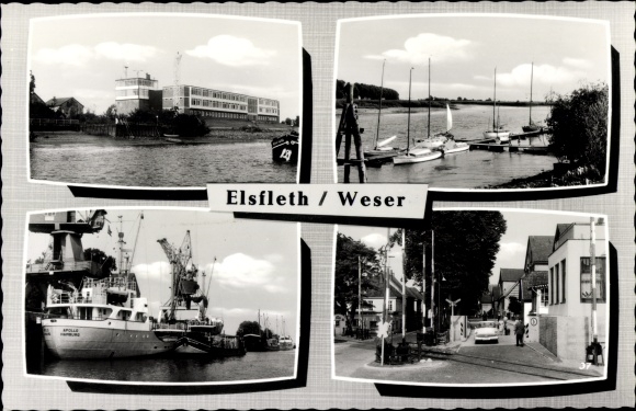 Postcard Elsfleth on the lower Weser, harbour, ship, crane, boats, street section