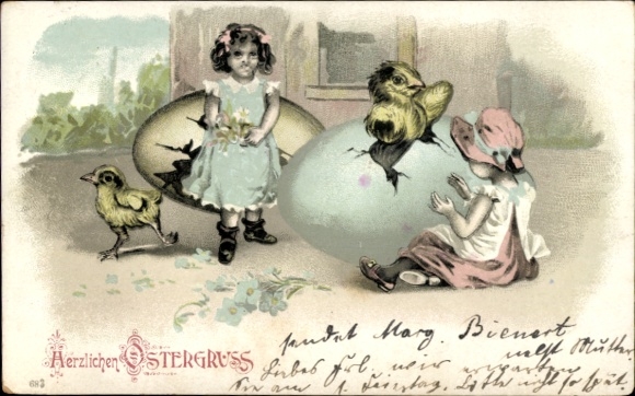 Ak Glückwunsch Ostern, ausgeschlüpfte Küken, Mädchen