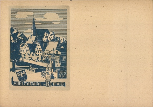 Artist Postcard Kettwig Essen in the Ruhr area, mill canal, church, coat of arms