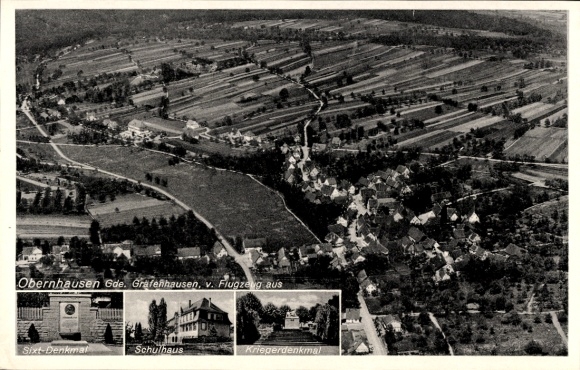 Postcard Obernhausen Birkenfeld in Württemberg, aerial photograph, schoolhouse, war memorial