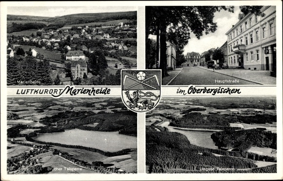 Postcard Marienheide Oberbergischer Kreis, main street, Brucher dam, view of the town, coat of arms