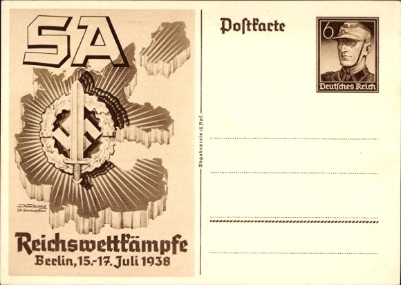 Postal stationery artist Postcard Axster Heudtlaß, SA Reichswettkämpfe Berlin 1938