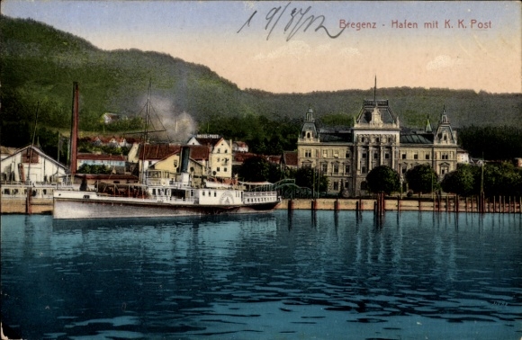 Postcard Bregenz on Lake Constance Vorarlberg, harbor, post office, steamer