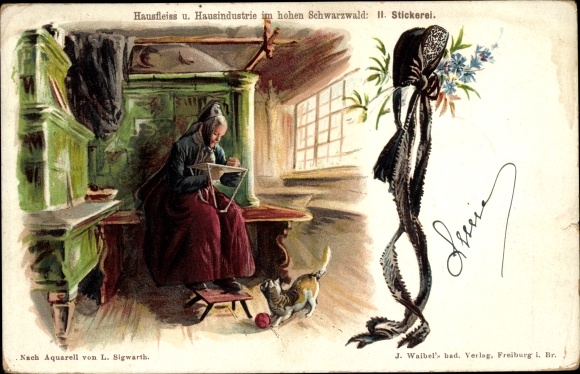 Chromo-Litho Black Forest woman embroidering, living room, cat
