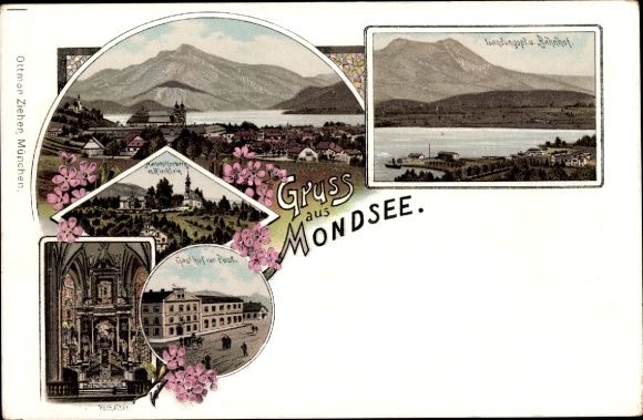 Chromo-Litho Mondsee Upper Austria, Gasthof zur Post, church, train station, general view