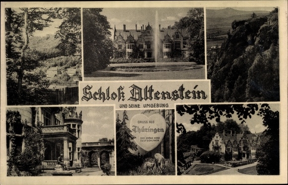 Postcard Schweina in Thuringia, Altenstein Castle, fountain, rocks